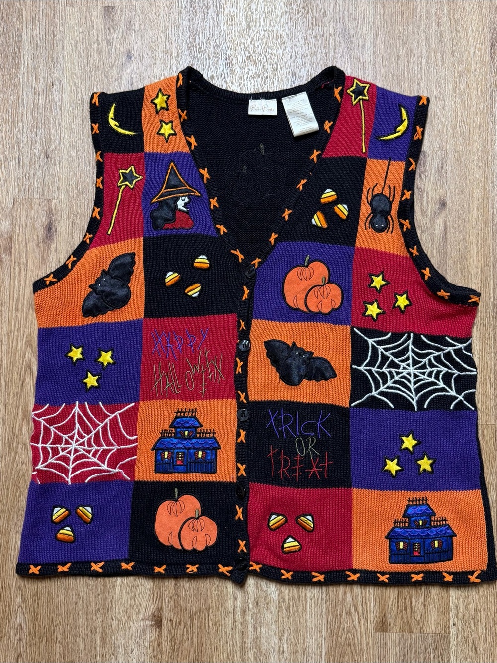Vintage Bobbie Brooks Halloween Patchwork Knit Sweater Vest Women’s XL Pumpkins